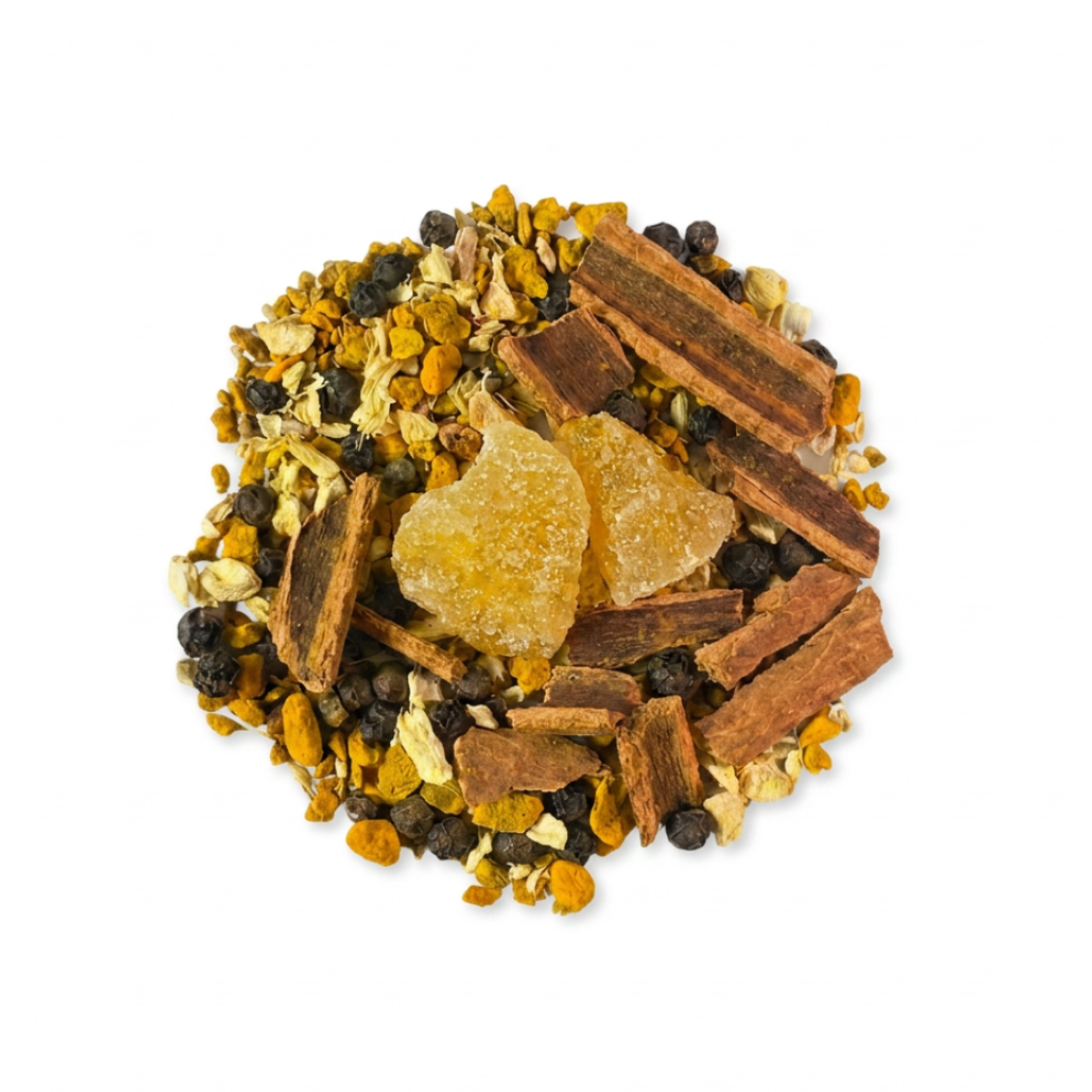 Spice mix including cinnamon sticks, ginger pieces, and other herbs on a white background