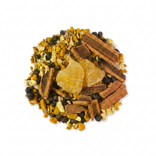 Spice mix including cinnamon sticks, ginger pieces, and other herbs on a white background